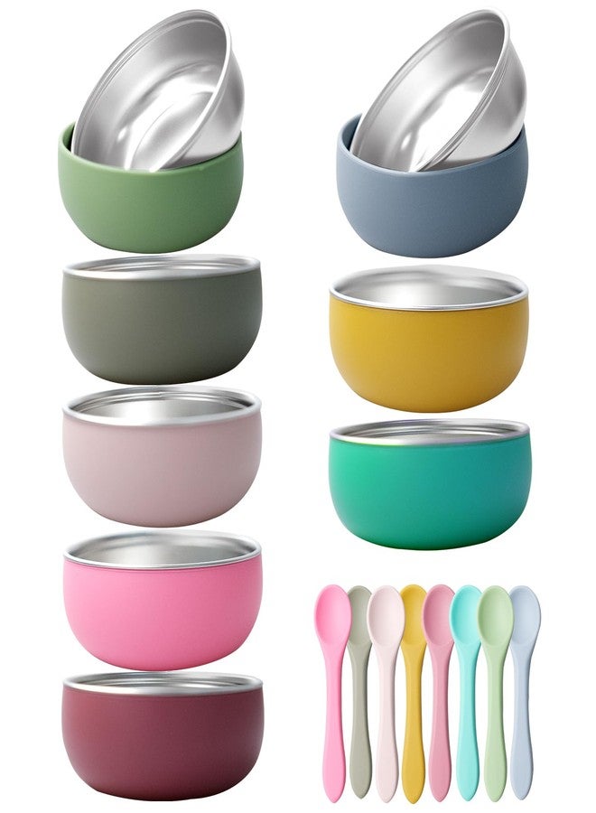 SENONAPO 8 Pcs 304 Stainless Steel Baby Bowls with 8 Spoon Kids Bowls with Removable Silicone Shell Toddler Without Suction Bowls Anti Scald Snack Container for Dishwasher for Food Feeding(Multicolor) - Image 1
